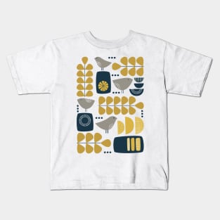 Retro Mid Century Modern Bird and Leaves in Navy Blue, Mustard Yellow and Grey Kids T-Shirt